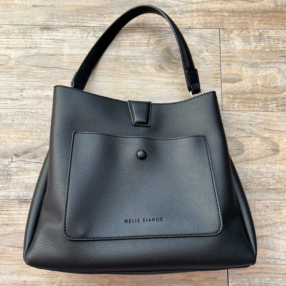 Melie Bianco Vegan Leather Shoulder Bag Tote Black EUC 3 Compartment Minimalist